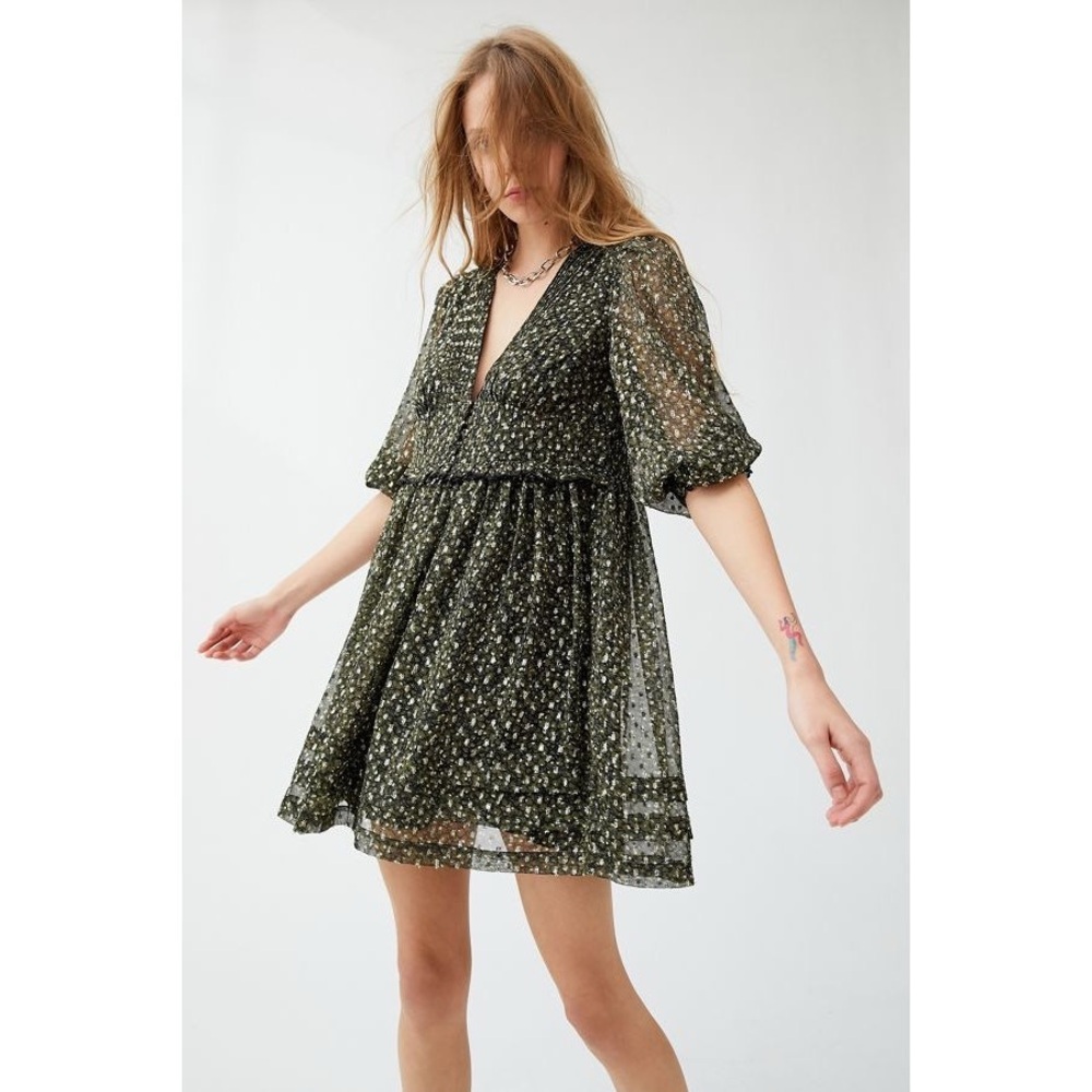 Urban Outfitters Green Cheetah Print Chiffon Mini Dress Size s